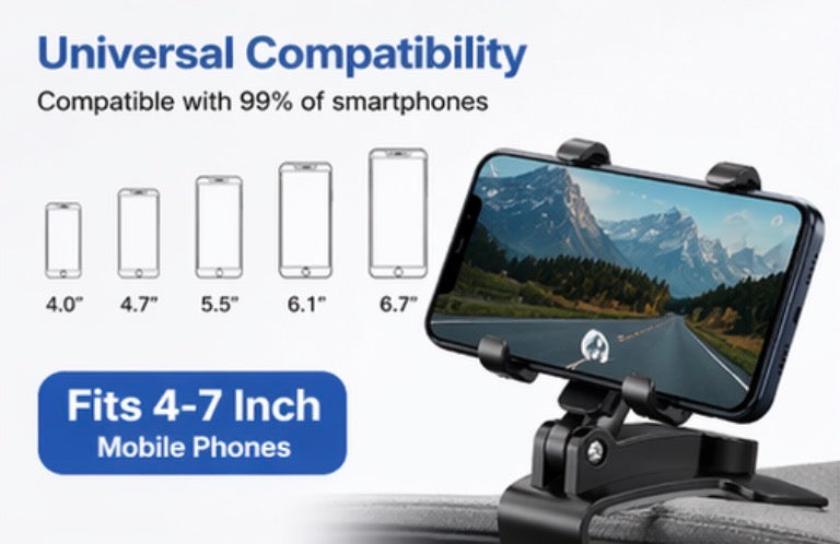 Adjustable Clamp Phone Mount for Car Dashboard, Desk, Bed & More