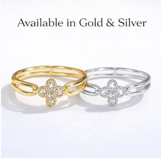 Elegant Clover Crystal Ring (Size 8) | Gold & Silver Finish