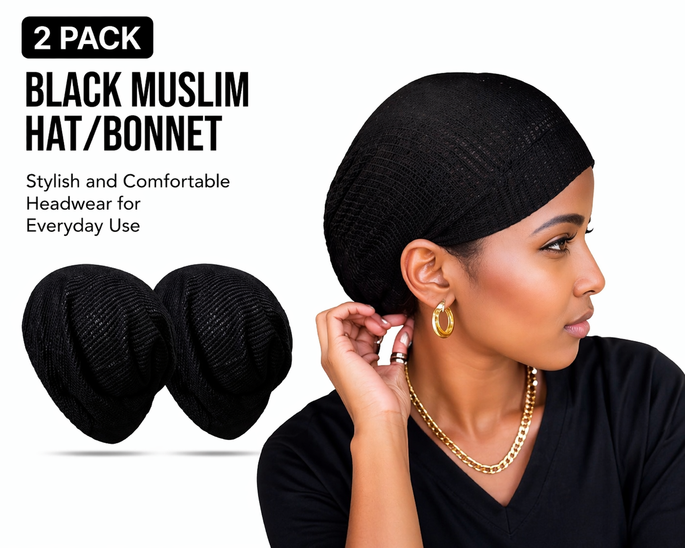 2 Pack Black Stretch Bonnet Cap for Women