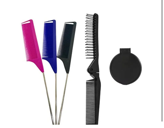 4 Piece Grooming Set with 3 Rat Tail Combs 1 Folding Comb Brush and Mini Mirror for Travel Compact Design Ideal On-the-Go Grooming Unisex