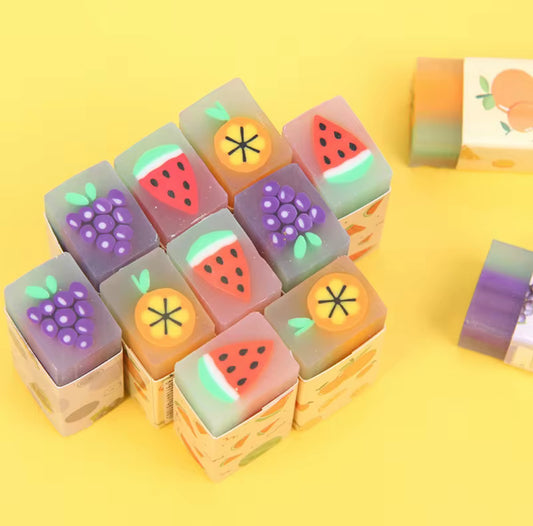 CJBLU Fruit Shaped Erasers, 3 Pieces, Watermelon Orange Grape Designs, Multi-Colored Decorative School Supplies