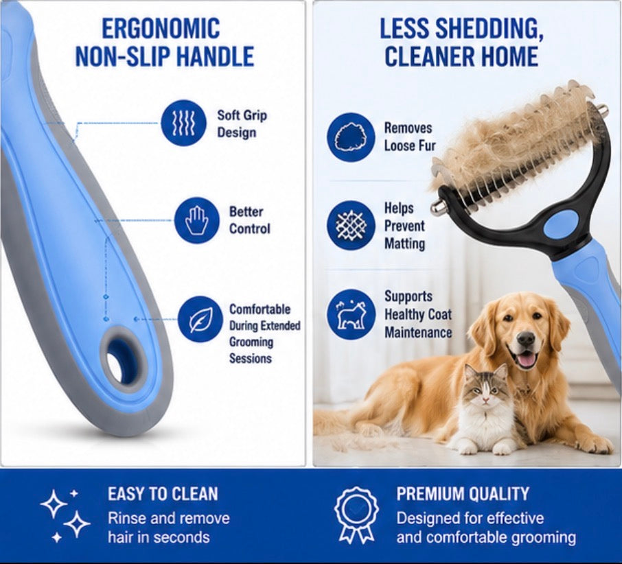 Large Pet Dematting Comb for Dogs & Cats, Double-Sided Grooming Rake, Undercoat Deshedding Brush for Shedding, Tangle Remover Tool with Non-Slip Handle, Blue