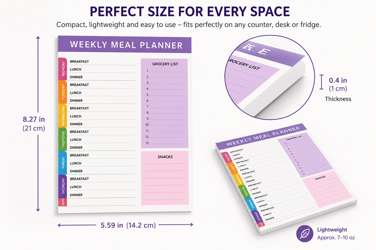Weekly Meal Planner Notepad with Grocery List & Snacks Section – Compact Meal Prep Planner Pad for Home Care, Seniors, Families & Healthy Eating Organizations