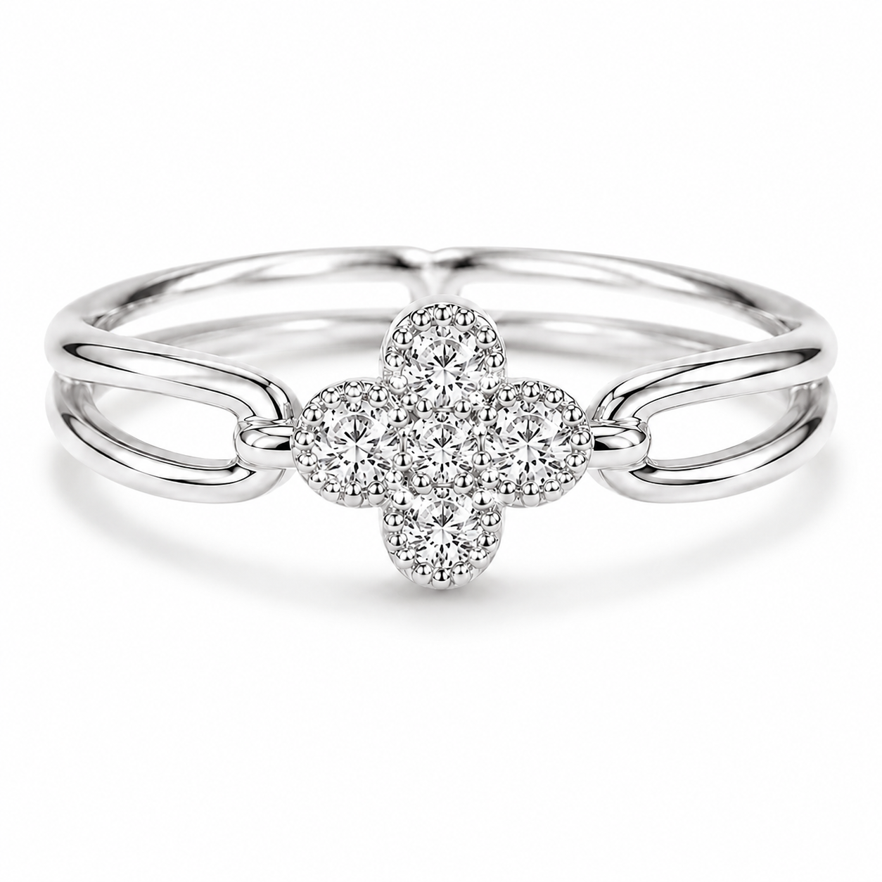 Four Leaf Clover Ring for Women, Gold or Silver Tone Stainless Steel Ring with Cubic Zirconia, Lucky Flower Ring, Fixed US Size 8, Dainty Fashion Jewelry Gift for H