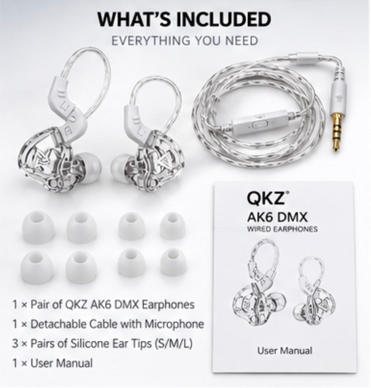 QKZ AK6 DMX Wired In-Ear Earphones, Clear Transparent Earbuds with 10mm Dynamic Driver, 3.5mm Plug, Detachable Cable, In-Line Microphone, Over-Ear Ear Hooks for Music, Gaming & Everyday Use