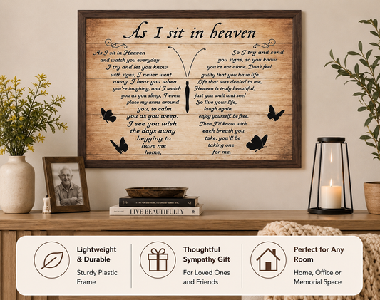 12 x 16 Inch Memorial Wall Art – “As I Sit in Heaven” Poem Plaque with Plastic Frame