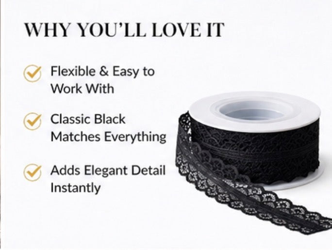 Black Lace Trim Ribbon – 10 Yards Decorative Scalloped Edge Fabric for Sewing, Crafts, Gift Wrapping, DIY Projects & Clothing Design