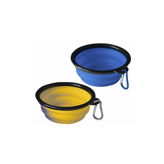 2 pack Collapsible Dog Bowl Portable Pet Feeding Dish with Carabiner for Travel and Outdoor Use Blue and Yellow Options Compact Lightweight Design