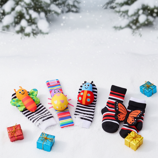 Baby Wrist Rattle Socks Set, Colorful Animal Design, Zebra Stripes