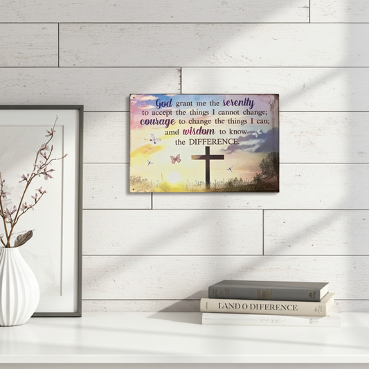 Serenity Prayer Metal Wall Sign, Religious Cross Decor with Butterflies, Inspirational Quote Art, Sunset Background