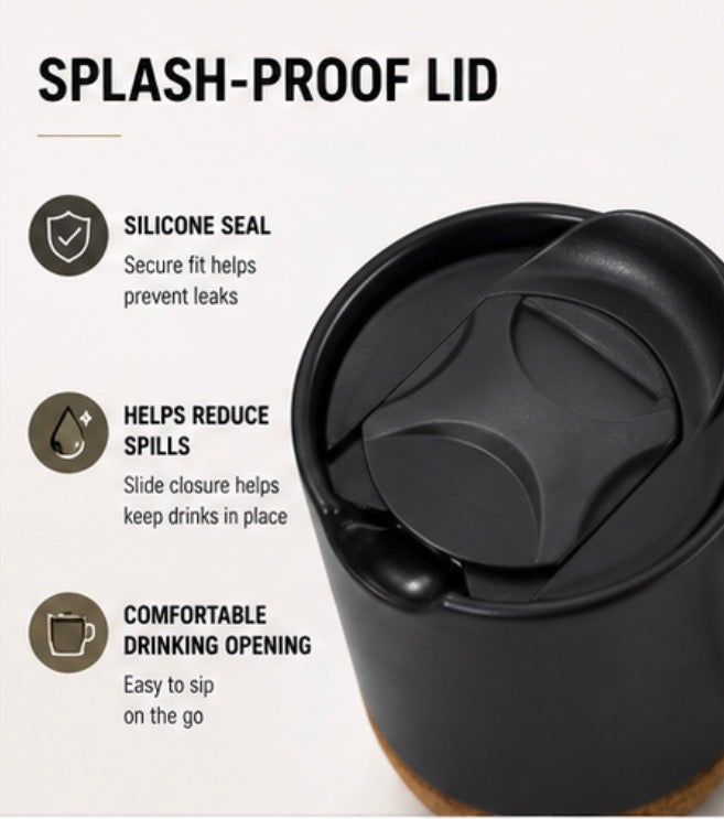 12oz Ceramic Coffee Mug with Cork Base & Splash-Proof Lid, Matte Black Coffee Cup, Reusable Travel Mug for Home Office Desk, Eco-Friendly Tea Mug with Non-Slip Cork Bottom