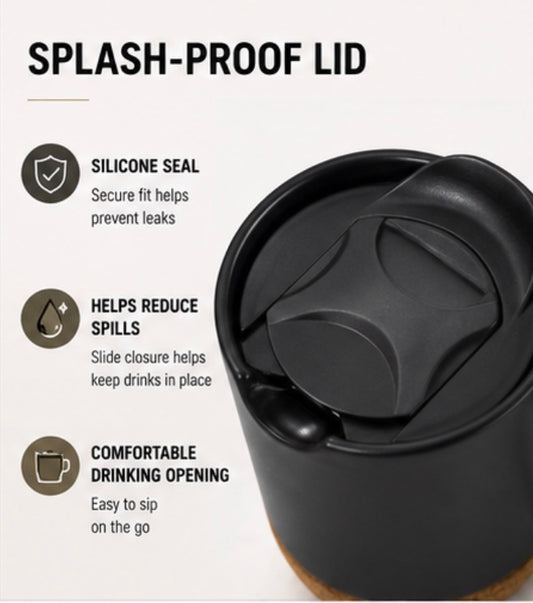 12oz Ceramic Coffee Mug with Cork Base & Splash-Proof Lid, Matte Black Coffee Cup, Reusable Travel Mug for Home Office Desk, Eco-Friendly Tea Mug with Non-Slip Cork Bottom