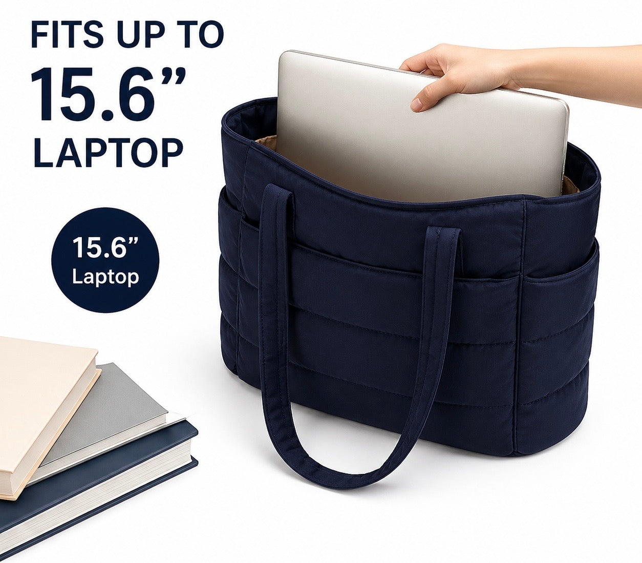 Padded Laptop Tote Bag – 15.6” Quilted Work & Travel Bag (Black & Navy)