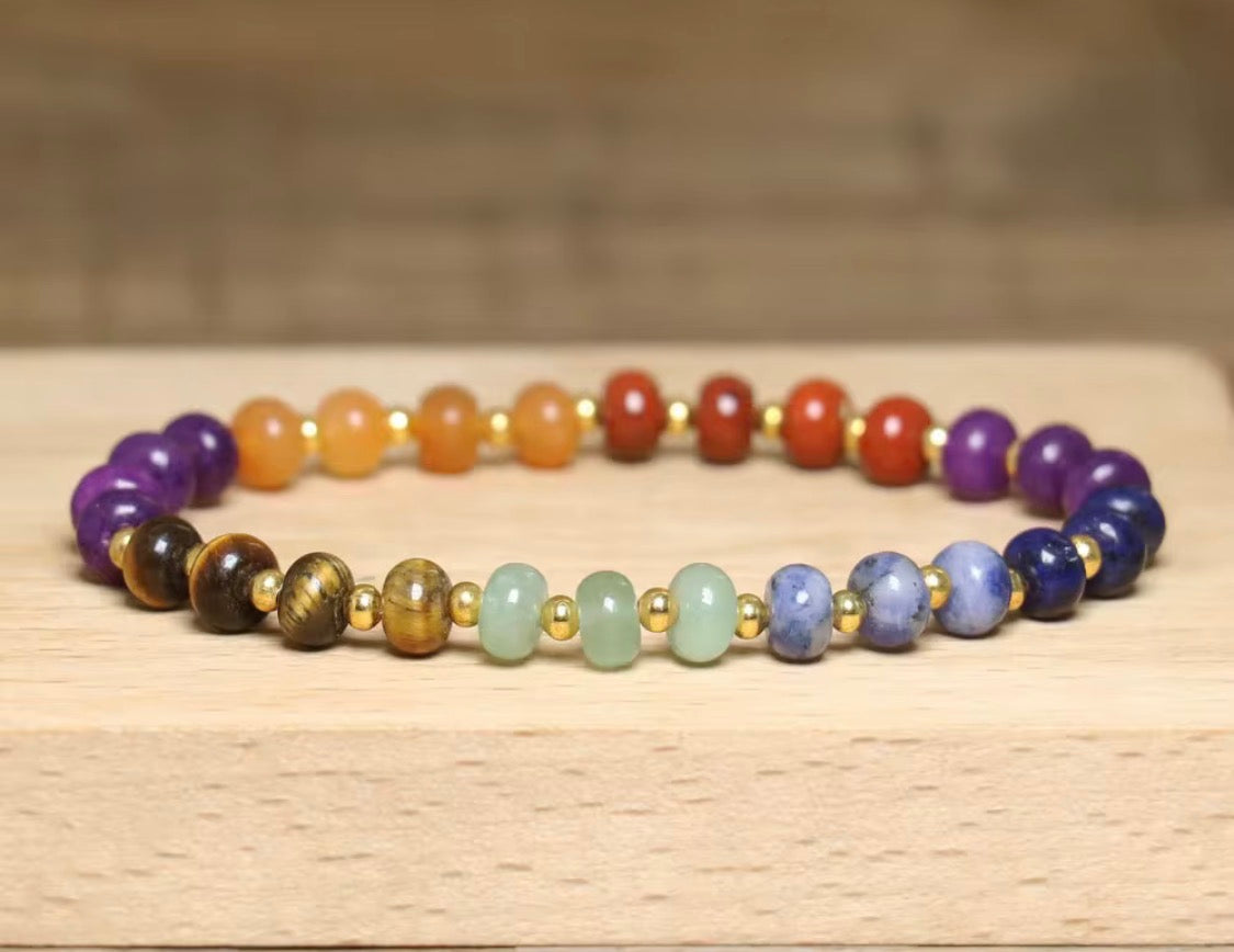 7 Chakra Healing Bracelet Multicolor Gemstone Beads Tiger Eye Amethyst Lapis Lazuli 6.6 Inch Inner Circumference Gold Spacers for Energy Balance and Wellness