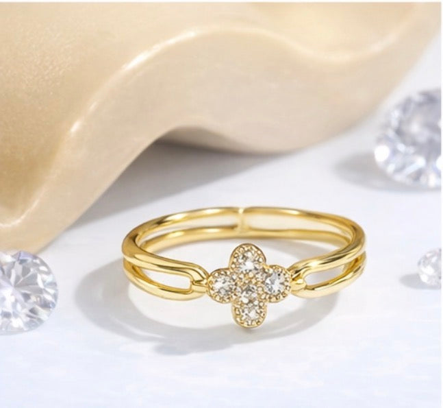 Elegant Clover Crystal Ring (Size 8) | Gold & Silver Finish