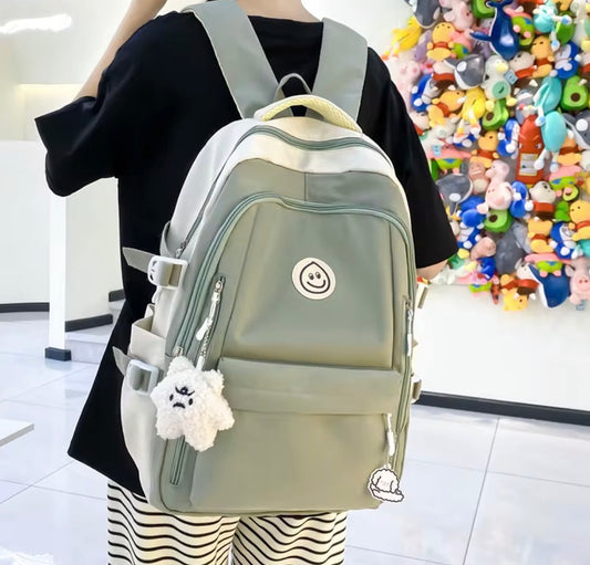 Kids Backpack Sage Green & Cream Smiley Face