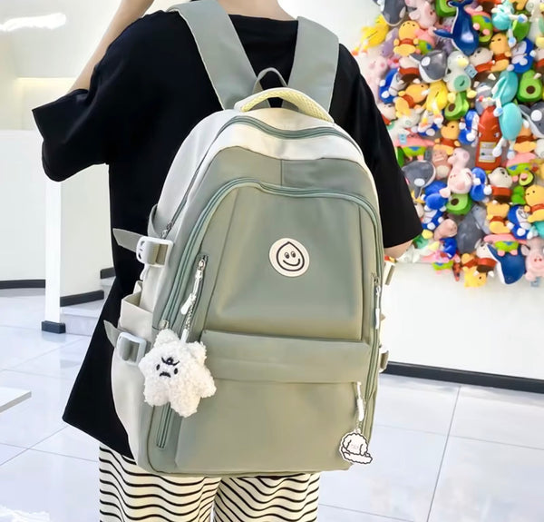 Kids Backpack Sage Green & Cream Smiley Face