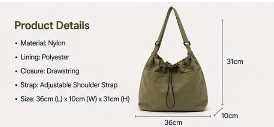 Minimalist style Drawstring Nylon Shoulder Tote Bag (Waterproof, Large Capacity)