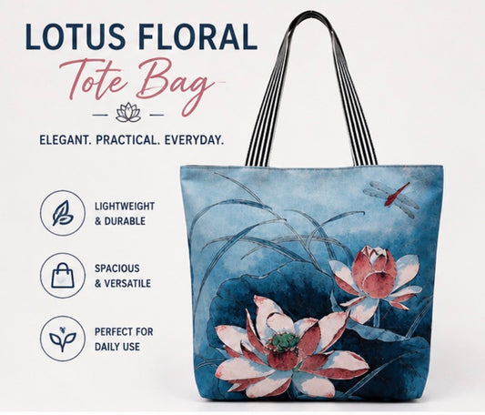 Large Lotus Floral Tote Bag for Women with Zipper – Waterproof Canvas Shoulder Bag for Work, Travel & Shopping