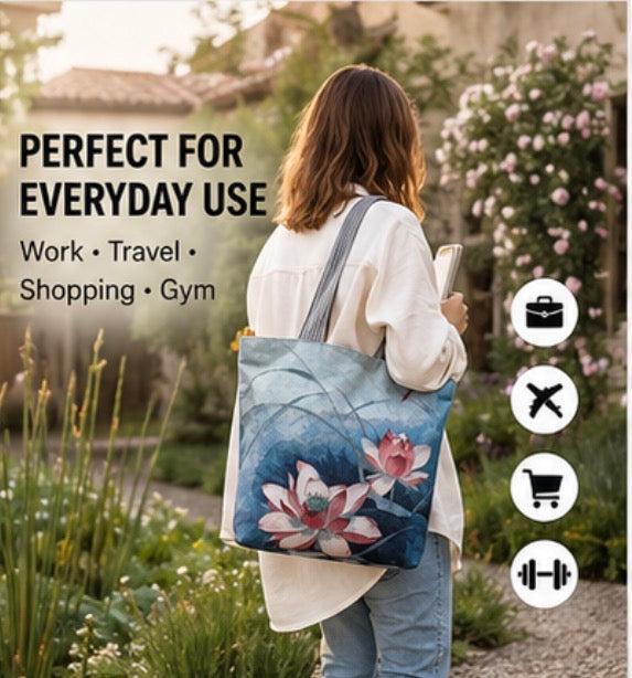 Large Lotus Floral Tote Bag for Women with Zipper – Waterproof Canvas Shoulder Bag for Work, Travel & Shopping