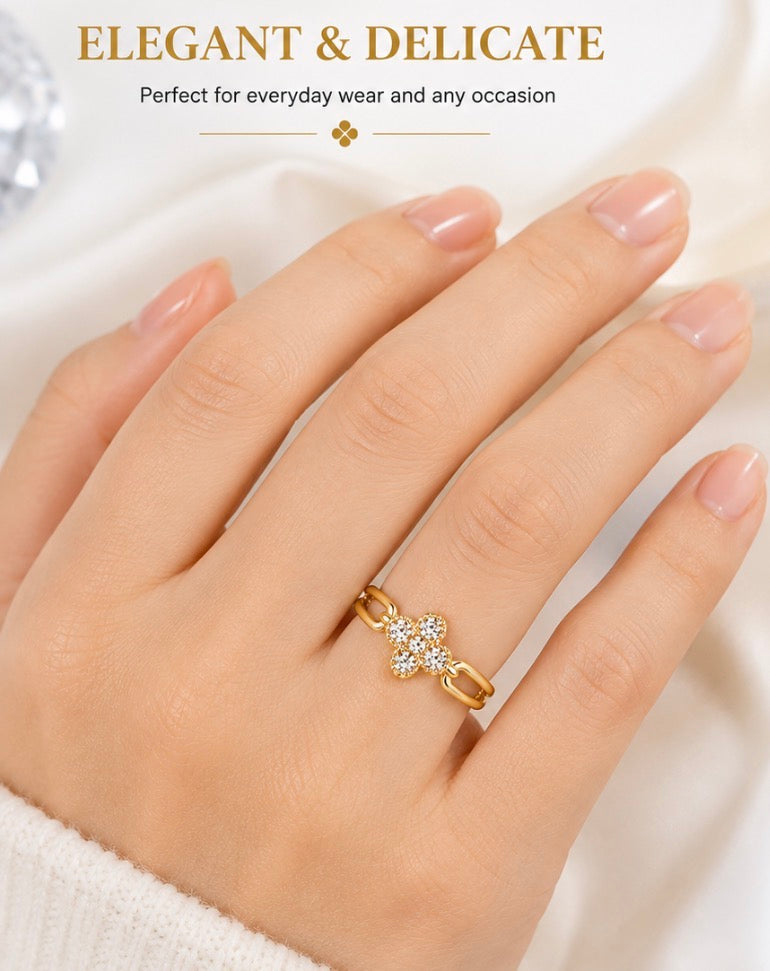 Four Leaf Clover Ring for Women, Gold or Silver Tone Stainless Steel Ring with Cubic Zirconia, Lucky Flower Ring, Fixed US Size 8, Dainty Fashion Jewelry Gift for H