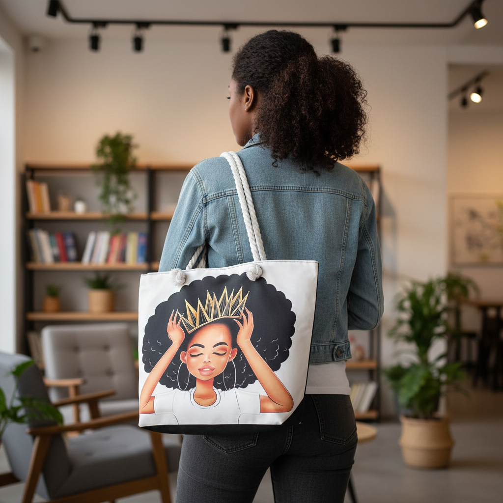 Tote bag with an illustration of a woman with a crown on a hanger with a shirt and sweater.