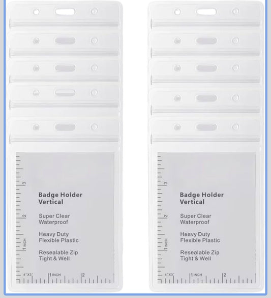 10 Vertical Badge Holders, 3.5 x 2.3 inches, Super Clear Waterproof, Heavy Duty Plastic with Resealable Zip