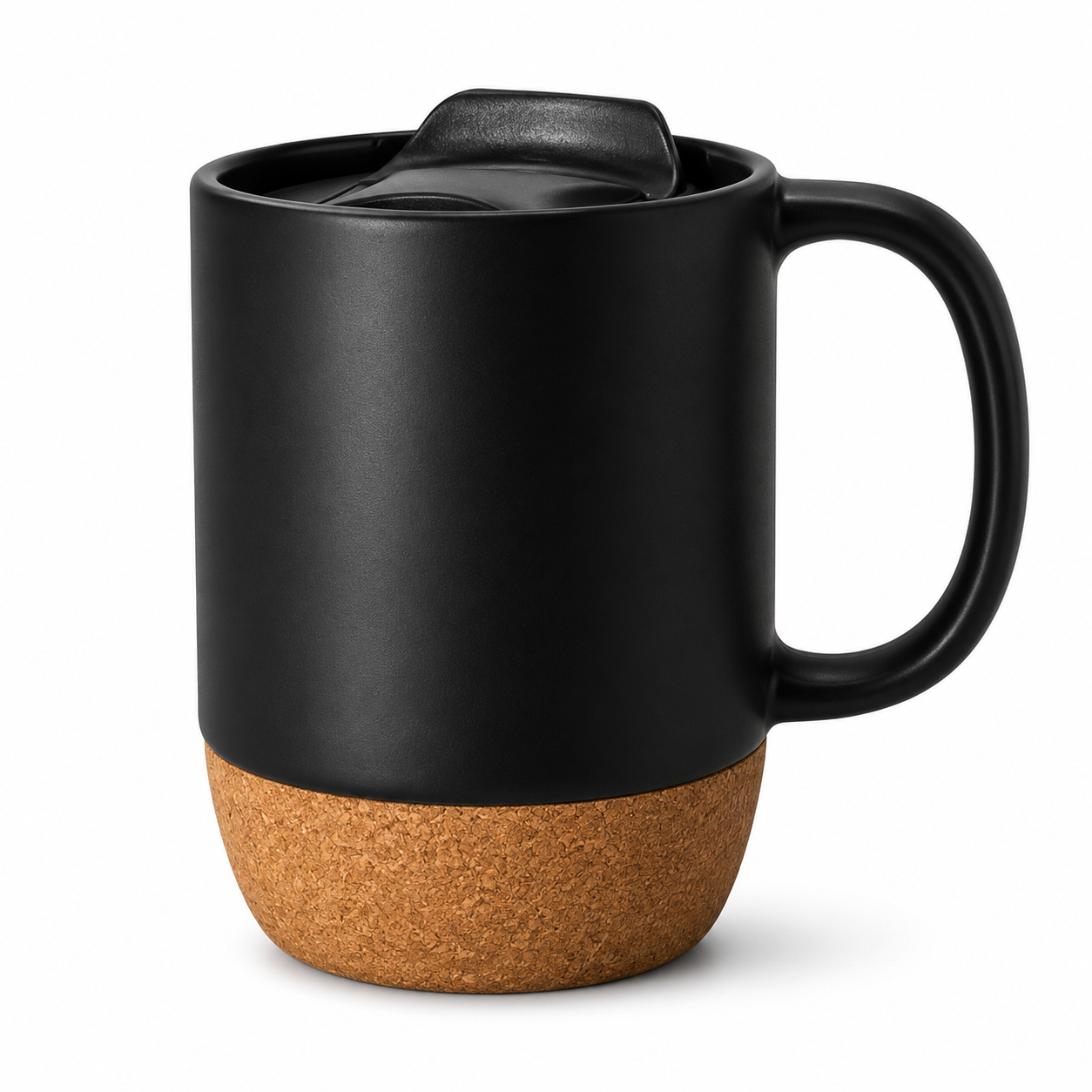 12oz Ceramic Coffee Mug with Cork Base & Splash-Proof Lid, Matte Black Coffee Cup, Reusable Travel Mug for Home Office Desk, Eco-Friendly Tea Mug with Non-Slip Cork Bottom