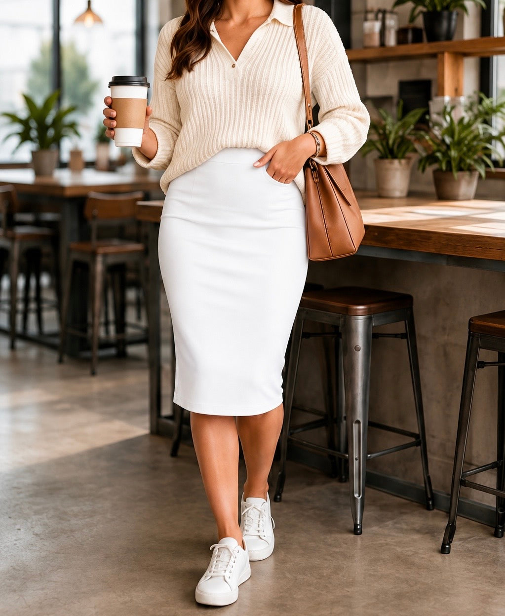 Women’s High Waist Pencil Skirt – Stretch Knee Length Business Casual Pull-On Midi Skirt for Office, Work & Everyday Wear