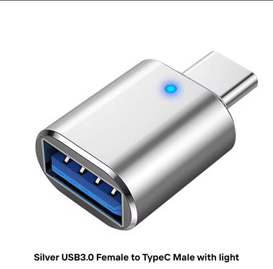 USB 3.0 Female to Type C Male Adapter with LED Light Silver Color High-Speed Data Transfer 2 Pack for Reliable Data Transfer