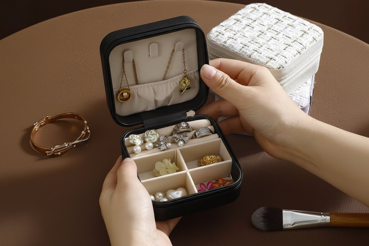Jewelry Box - Black Fabric with Zipper Closure