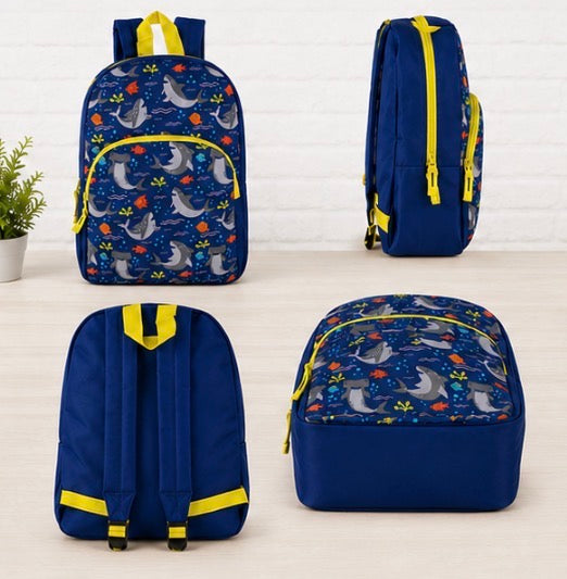 Kids Shark Backpack – 15” Lightweight School Backpack with Front Pocket, Blue Ocean Print.