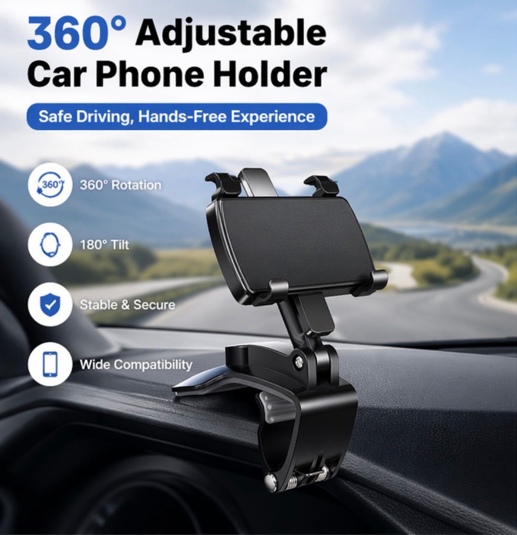 Adjustable Clamp Phone Mount for Car Dashboard, Desk, Bed & More
