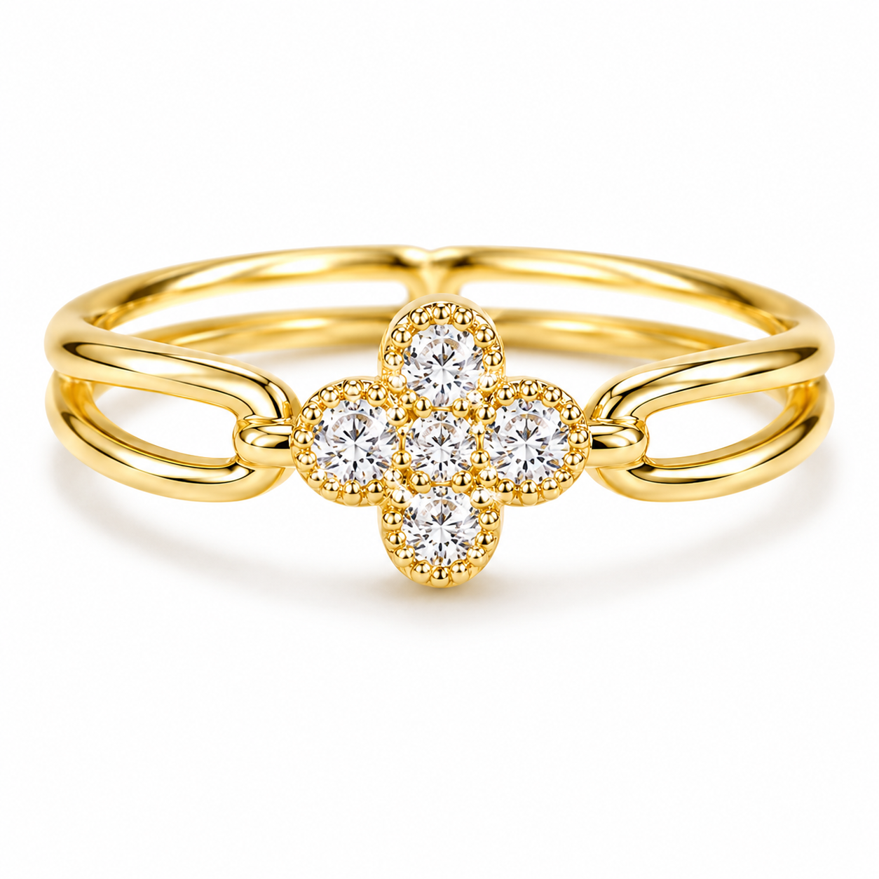 Four Leaf Clover Ring for Women, Gold or Silver Tone Stainless Steel Ring with Cubic Zirconia, Lucky Flower Ring, Fixed US Size 8, Dainty Fashion Jewelry Gift for H