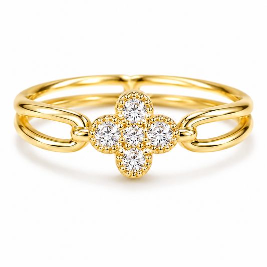 Four Leaf Clover Ring for Women, Gold or Silver Tone Stainless Steel Ring with Cubic Zirconia, Lucky Flower Ring, Fixed US Size 8, Dainty Fashion Jewelry Gift for H