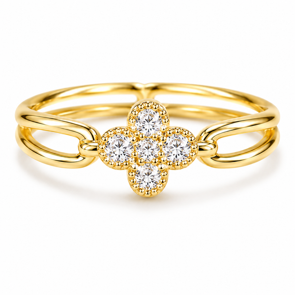 Four Leaf Clover Ring for Women, Gold or Silver Tone Stainless Steel Ring with Cubic Zirconia, Lucky Flower Ring, Fixed US Size 8, Dainty Fashion Jewelry Gift for H