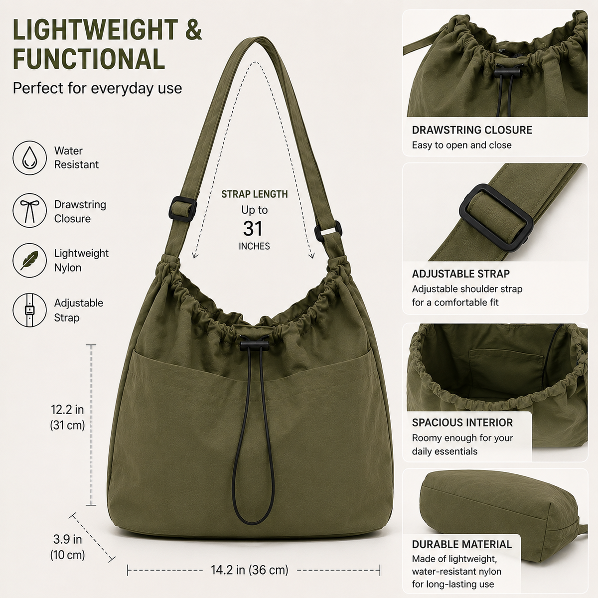 Minimalist style Drawstring Nylon Shoulder Tote Bag (Waterproof)