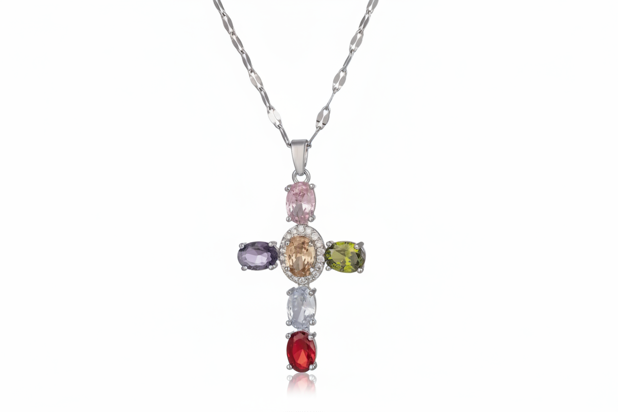 Elegant Multicolor Gemstone Cross Necklace