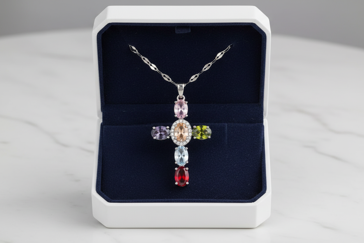 Elegant Multicolor Gemstone Cross Necklace