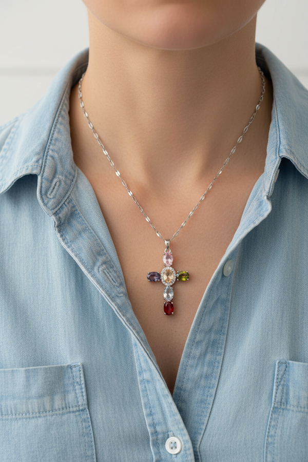 Elegant Multicolor Gemstone Cross Necklace