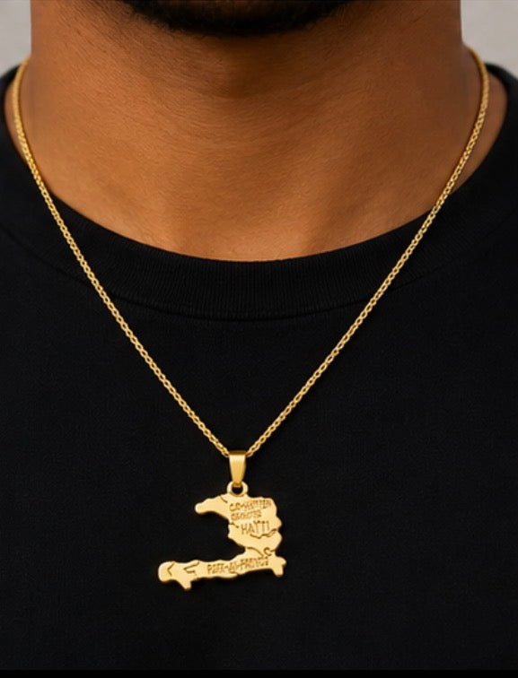 Haiti Map Pendant Necklace for Men & Women, 18K Gold Plated Zinc Alloy Haiti Necklace, 18 Inch Link Chain, Haitian Pride Jewelry, Country Map Pendant Gift for Haitian Heritage