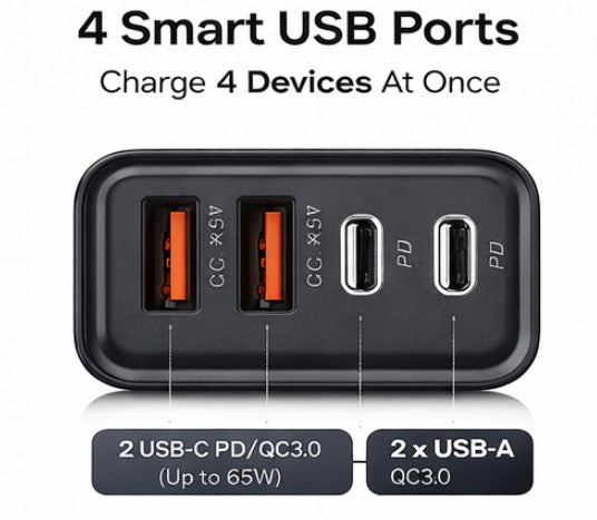 120W 4-Port Fast Charger USB-C & USB Wall Adapter (Black)