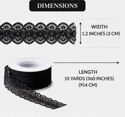 Black Lace Trim Ribbon – 10 Yards Decorative Scalloped Edge Fabric for Sewing, Crafts, Gift Wrapping, DIY Projects & Clothing Design