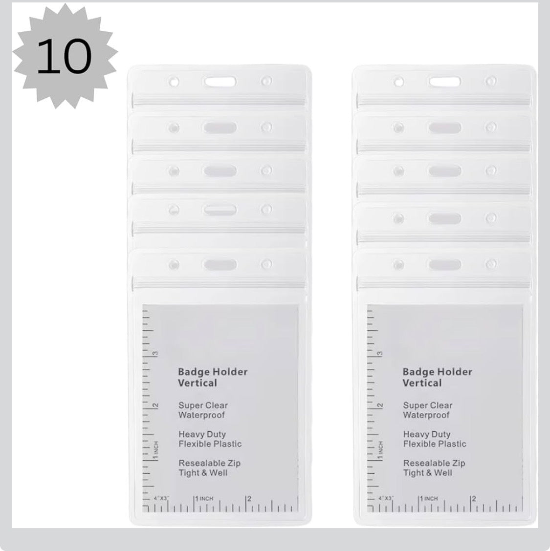 10 Vertical Badge Holders, 3.5 x 2.3 inches, Super Clear Waterproof, Heavy Duty Plastic with Resealable Zip
