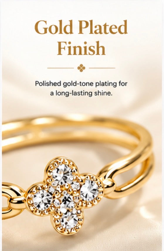 Four Leaf Clover Ring for Women, Gold or Silver Tone Stainless Steel Ring with Cubic Zirconia, Lucky Flower Ring, Fixed US Size 8, Dainty Fashion Jewelry Gift for H