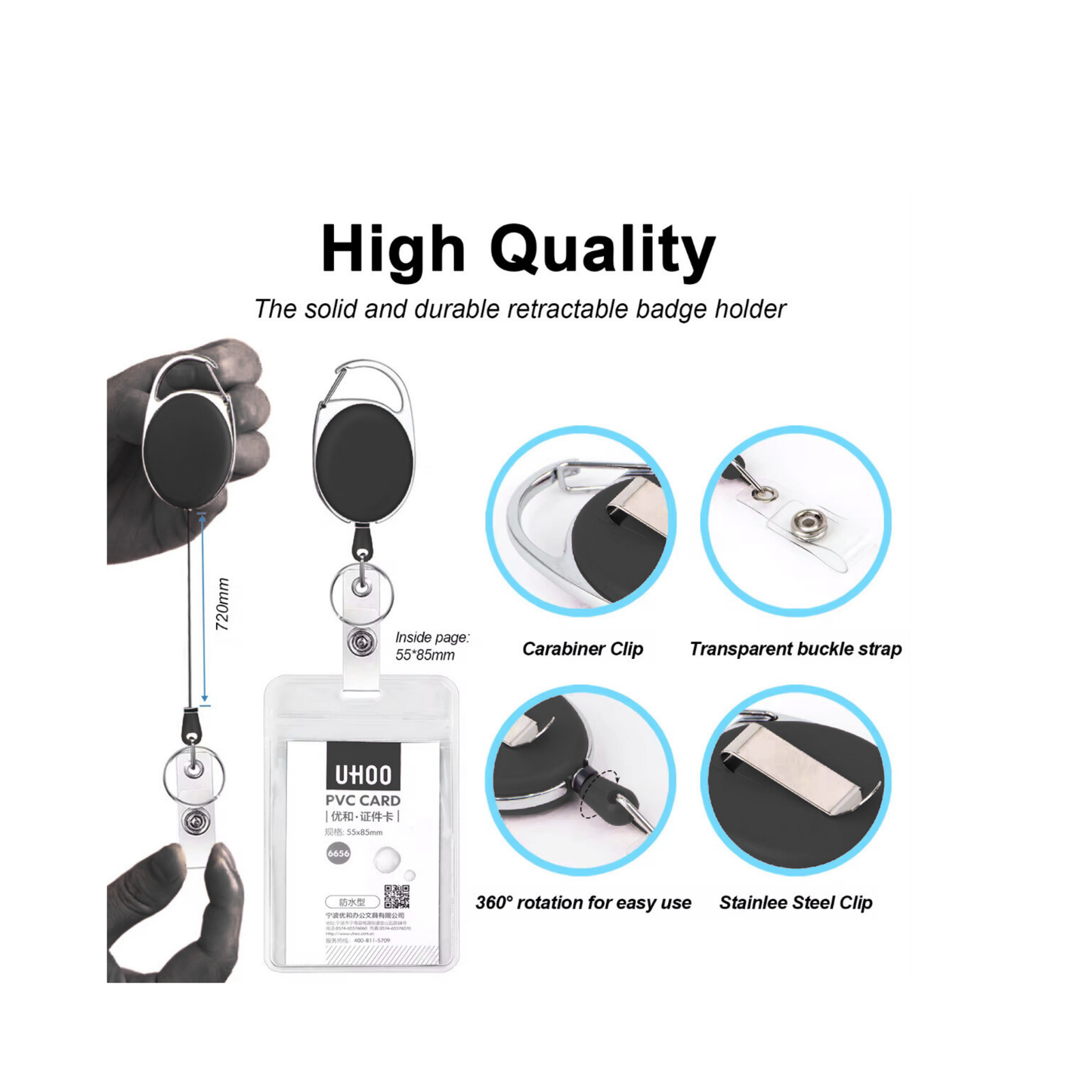 Retractable Badge Holder with Carabiner Clip, Heavy Duty Metal, 4-Pack, Black