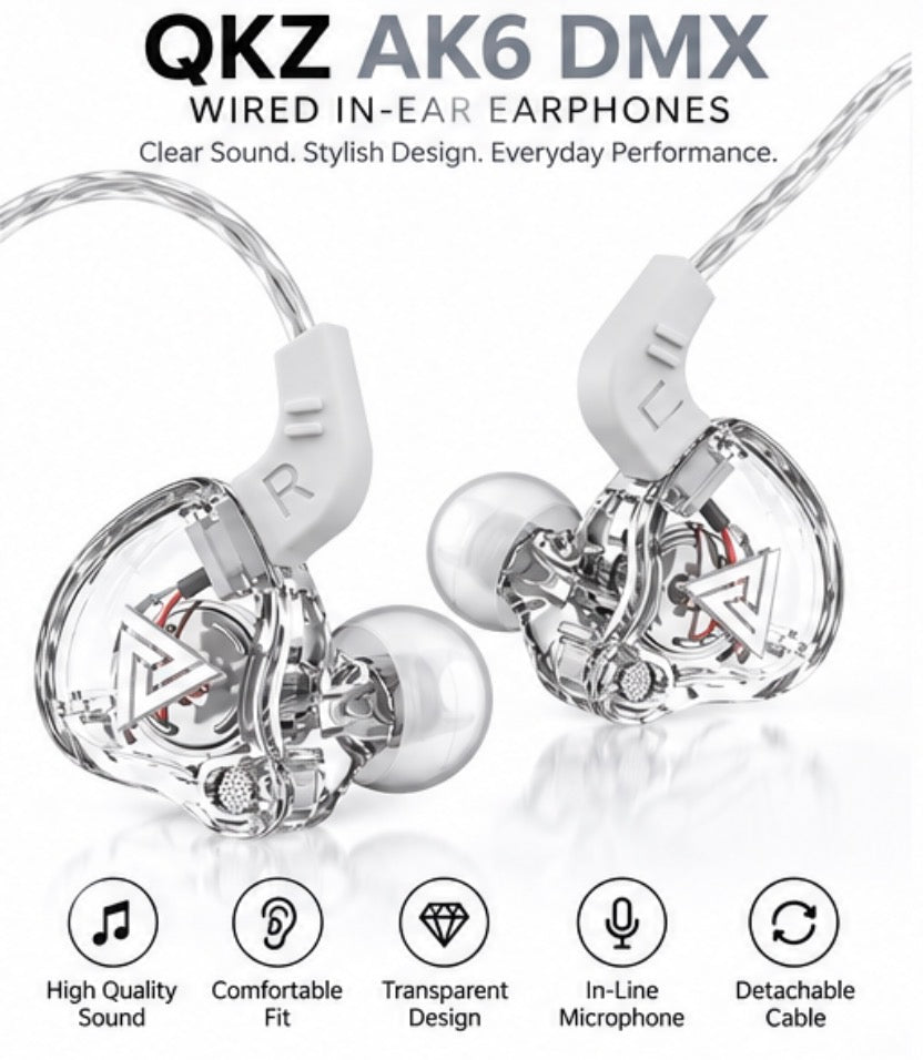 QKZ AK6 DMX Wired In-Ear Earphones, Clear Transparent Earbuds with 10mm Dynamic Driver, 3.5mm Plug, Detachable Cable, In-Line Microphone, Over-Ear Ear Hooks for Music, Gaming & Everyday Use