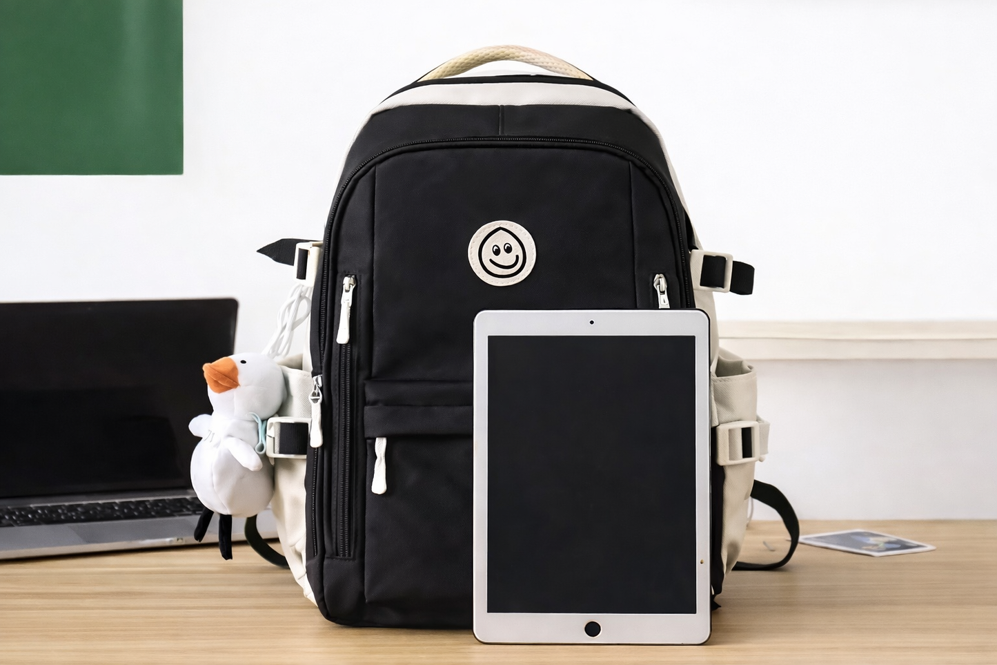 Kids Backpack Black & Cream Smiley Face