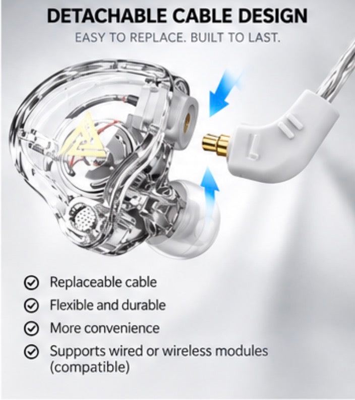 QKZ AK6 DMX Wired In-Ear Earphones, Clear Transparent Earbuds with 10mm Dynamic Driver, 3.5mm Plug, Detachable Cable, In-Line Microphone, Over-Ear Ear Hooks for Music, Gaming & Everyday Use