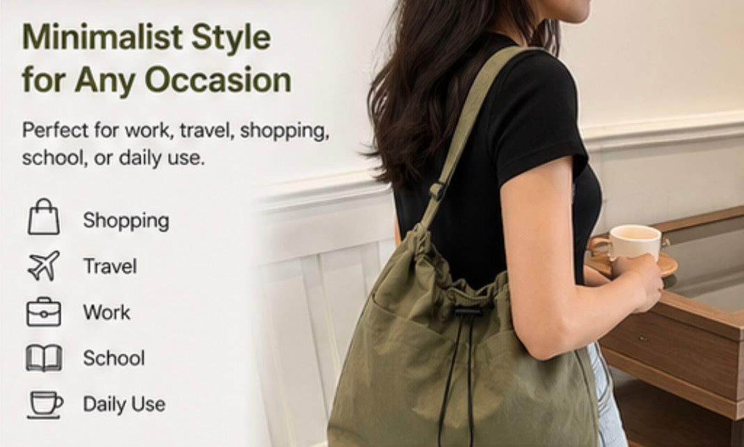Minimalist style Drawstring Nylon Shoulder Tote Bag (Waterproof, Large Capacity)